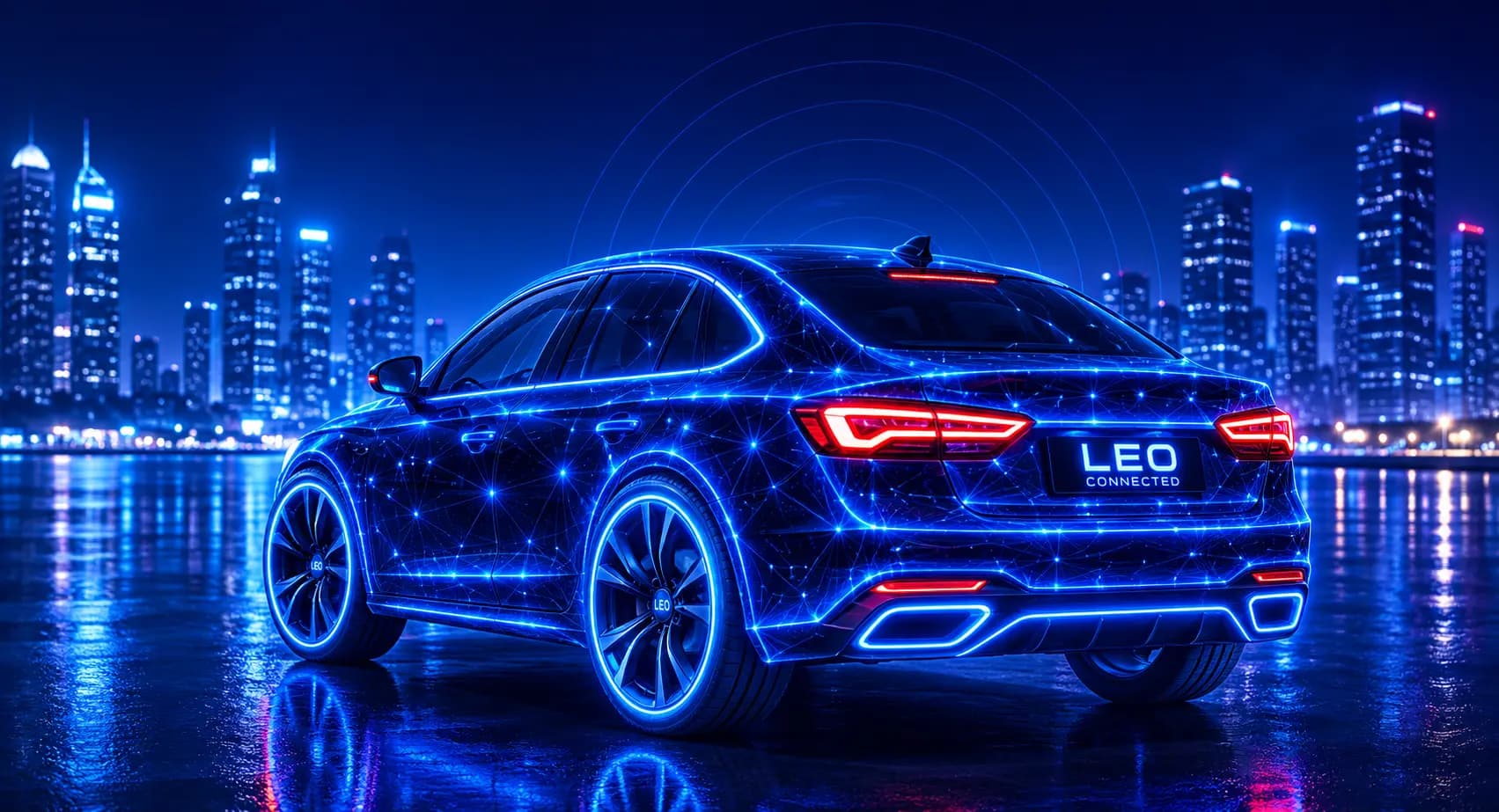 Leo, de voertuig-AI van CarTrace, op een natte straat in de stad bij nacht, met het rapport eraf gelezen